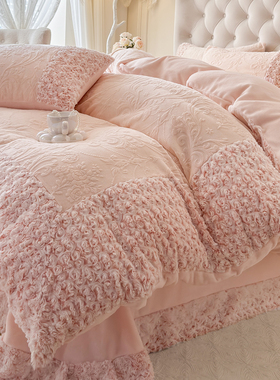 加厚雕花牛奶绒床上四件套花边床盖款2025新款冬季保暖珊瑚绒被套