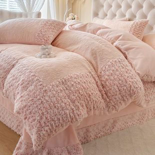 加厚雕花牛奶绒床上四件套花边床盖款2025新款冬季保暖珊瑚绒被套