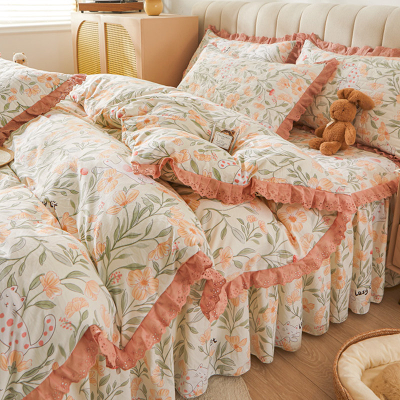 田园公主风加厚床裙四件套夹棉花边印花被套床单宿舍单件床上套装