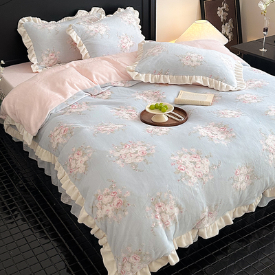 泽天下法式双层花边牛奶绒四件套