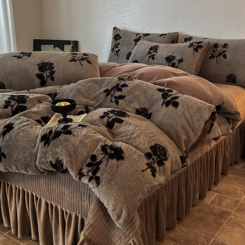 法式美拉德高克重兔毛牛奶绒夹棉床盖四件套冬季加厚保暖加绒被套