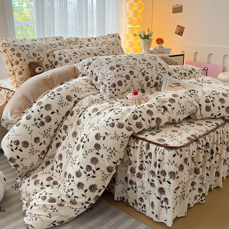 秋冬加厚牛奶绒夹棉床裙款四件套韩式公主风被套床罩加绒保暖床品