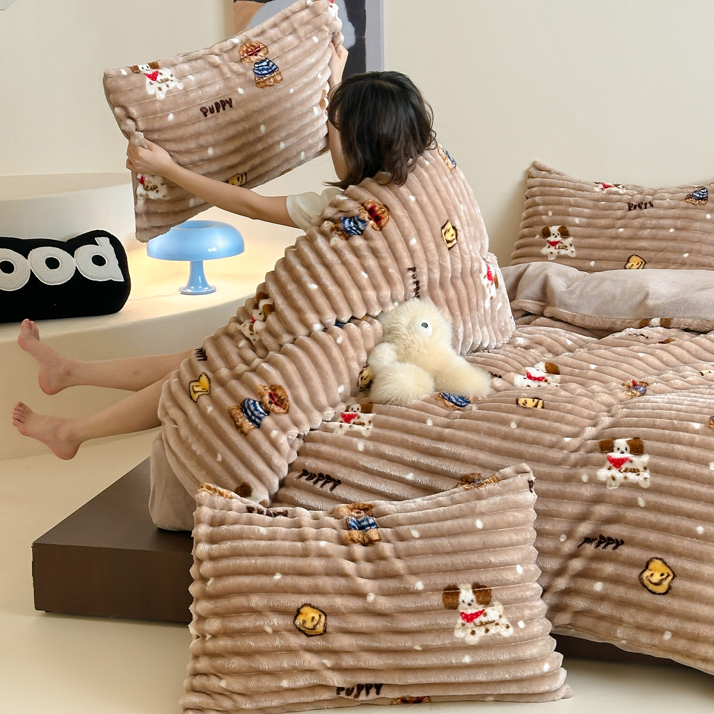 兔兔毛绒床上四件套加厚冬天季牛奶绒床单双面加绒被套珊瑚法兰绒