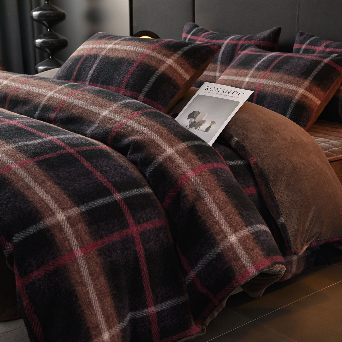 高端格子加厚仿羊绒床上四件套冬季牛奶绒夹棉床笠款珊瑚加绒床品