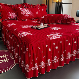 A类全棉夹棉床裙单件100纯棉床罩大红色婚庆喜嫁三四件套2024新款