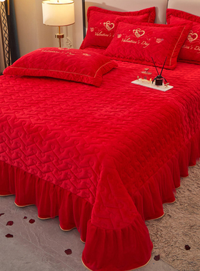 大红色新婚庆床盖夹棉单件床垫婴儿绒加厚刺绣床单三件套结婚床品