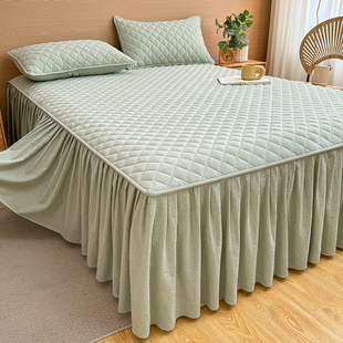 全棉水洗棉夹棉床裙单件2024新款 纯棉加厚纯色床罩床单枕套三件套