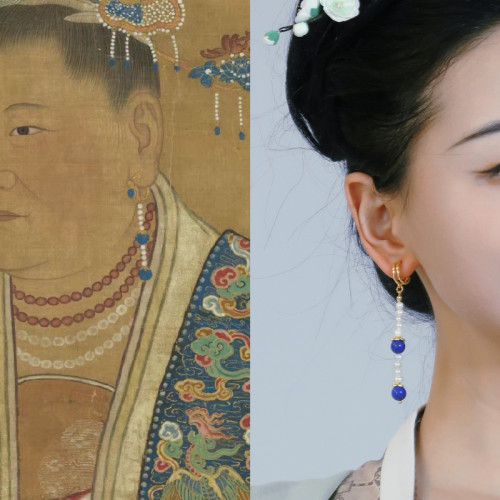 仿古画二创天然青金石淡水珍珠耳饰耳夹