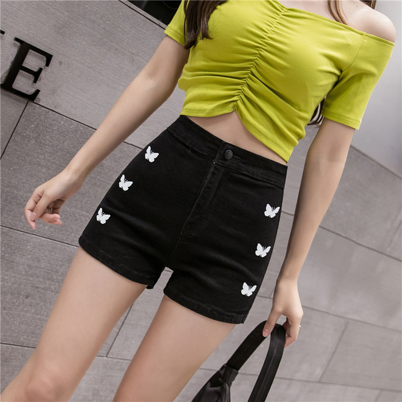 2021 new summer high waist thin versatile print slim straight tube Butterfly Embroidery denim stretch shorts