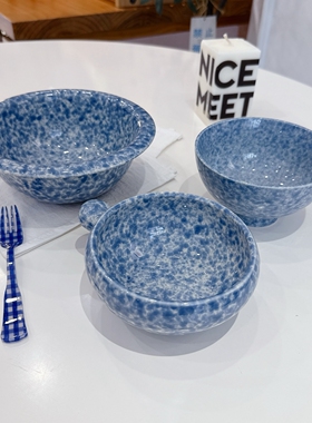 北欧复古蓝色泼墨陶瓷碗带把手碗釉下彩家用米饭碗甜品酸奶碗礼物
