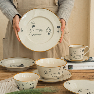 中古草木灰陶瓷餐具菜盘深盘沙拉餐盘饭碗家用高级感碗碟套装乔迁