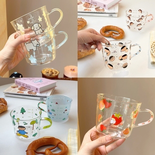 原创可爱插画玻璃杯带刻度水杯大容量耐热杯子家用女生 25年新款