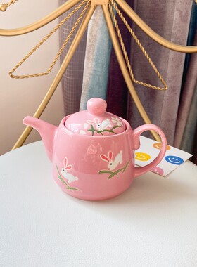 出口粉紫色小兔子陶瓷茶壶