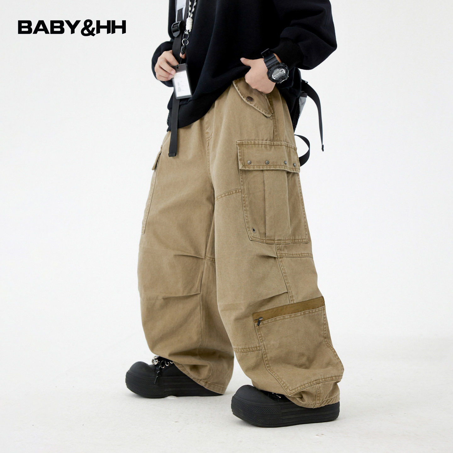 男童秋冬户外卡其色伞兵工装裤2025新款儿童男孩加绒直筒阔腿裤子