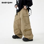 男童秋冬户外卡其色伞兵工装 子 儿童男孩加绒直筒阔腿裤 裤 2025新款