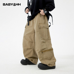 男童秋冬户外卡其色伞兵工装裤2025新款儿童男孩加绒直筒阔腿裤子