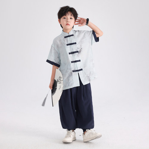 中国风高端冰丝盘扣短袖汉服套装