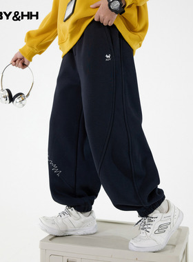 男童冬季韩范黑色加绒弯刀卫裤2025新款儿童男孩加厚保暖运动裤子