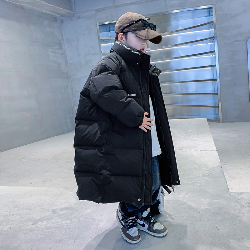 男童长款黑色宽松保暖防风羽绒服