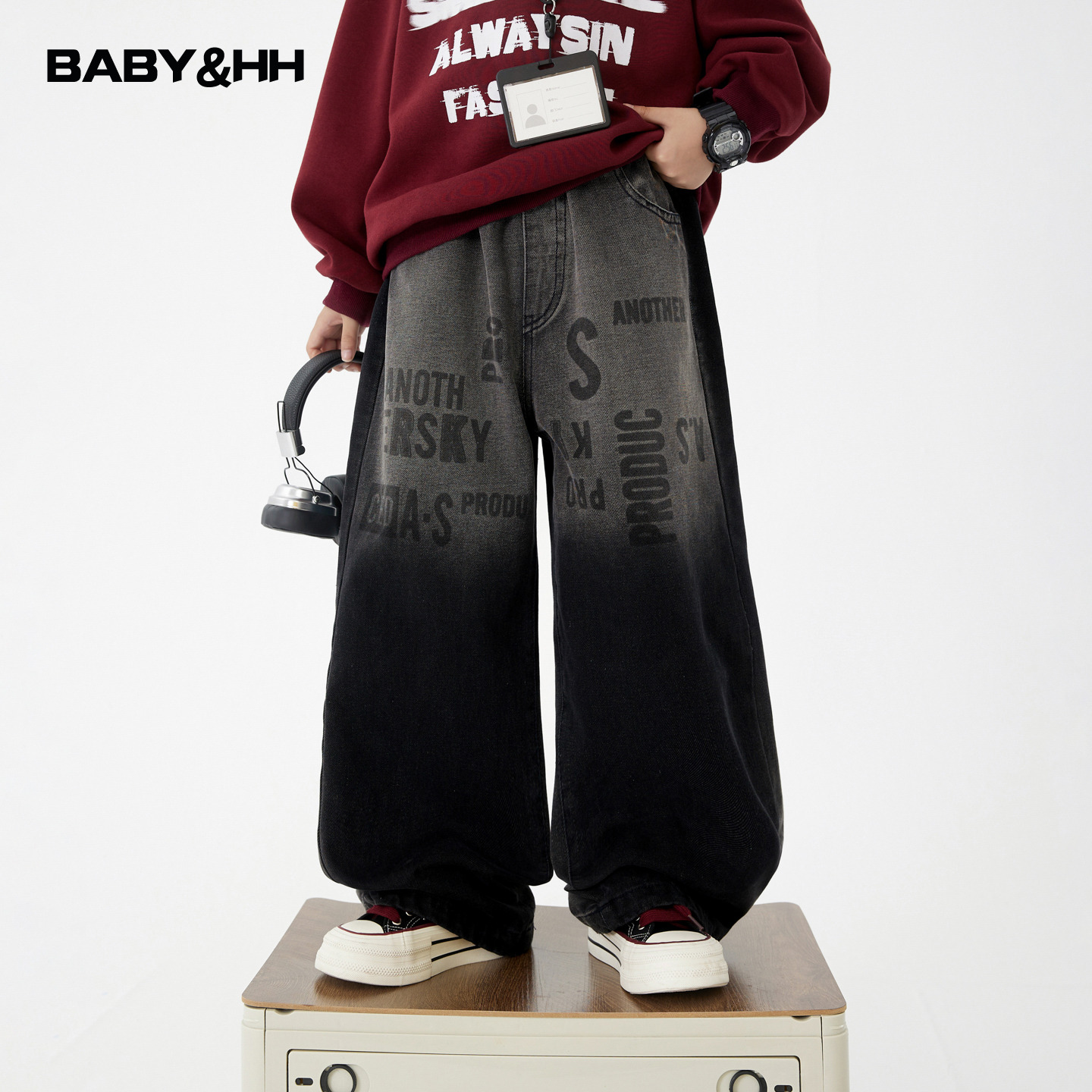 不易褪色渐变一体绒阔腿牛仔裤潮