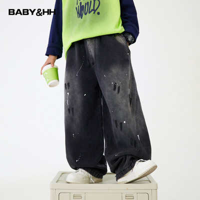 潮牌泼墨甩漆阔腿加绒弯刀牛仔裤