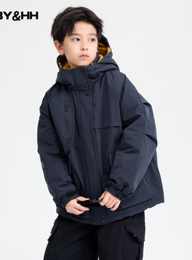 男大童冬季撞色防水运动冲锋衣棉服2025新款儿童户外连帽夹棉外套
