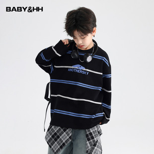 男童秋冬季韩范条纹加绒长袖t恤2025新款青少年儿童纯棉打底上衣