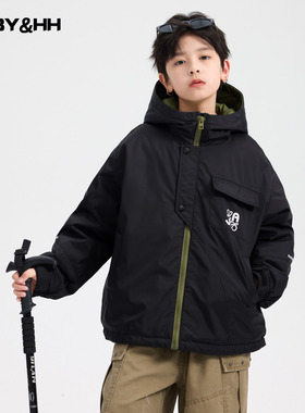 男童冬装撞色防水连帽工装冲锋衣棉服2025新款儿童运动夹棉外套潮