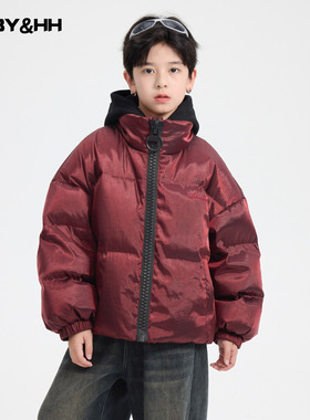 男童冬装新年红色假两件连帽羽绒服2026新款儿童男孩过年防寒外套