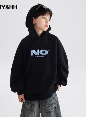 男童秋冬潮酷一体绒黑色连帽运动卫衣2026新款初中生儿童宽松上衣