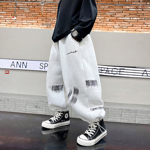 男童冬季灰色加绒运动裤2023新款