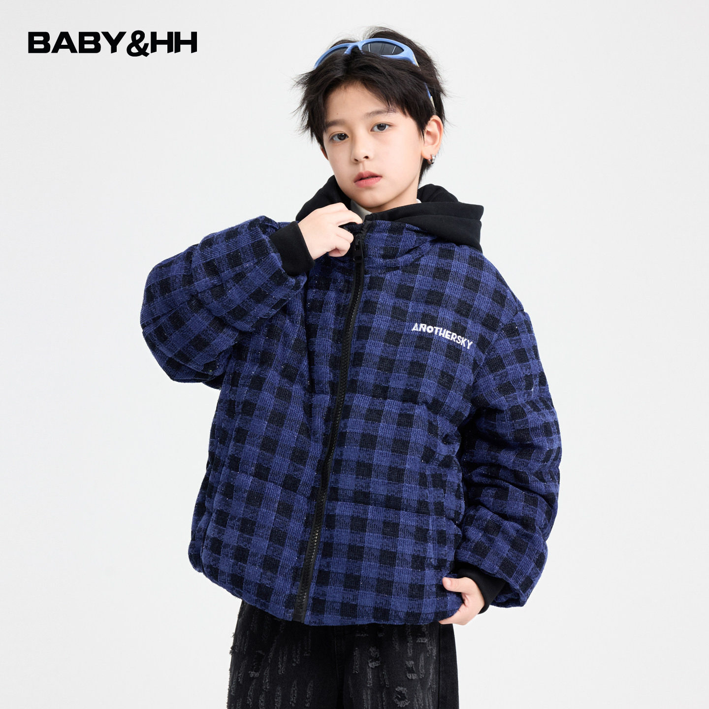 男童冬季韩范毛呢格子假两件羽绒服2026新款儿童男孩加厚连帽外套
