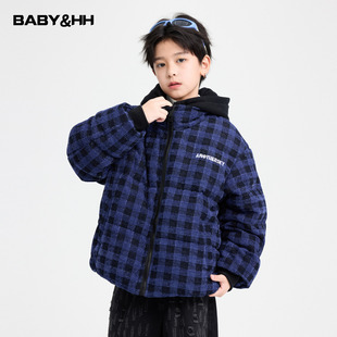 男童冬季韩范毛呢格子假两件羽绒服2025新款儿童男孩加厚连帽外套