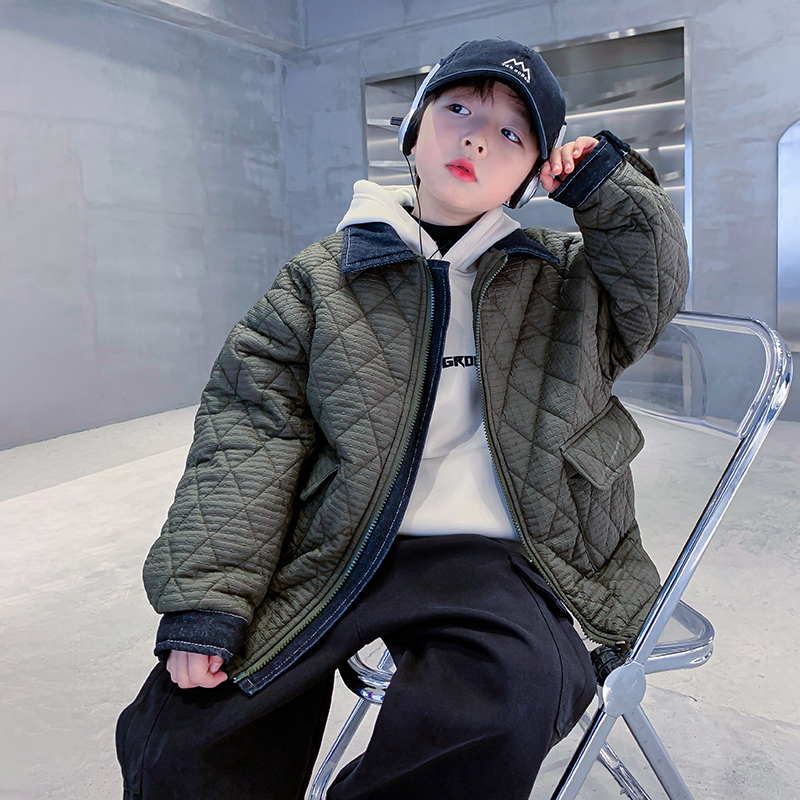 男童秋冬装牛仔拼接夹棉加厚棉服2025新款中大儿童冬季棉衣外套潮