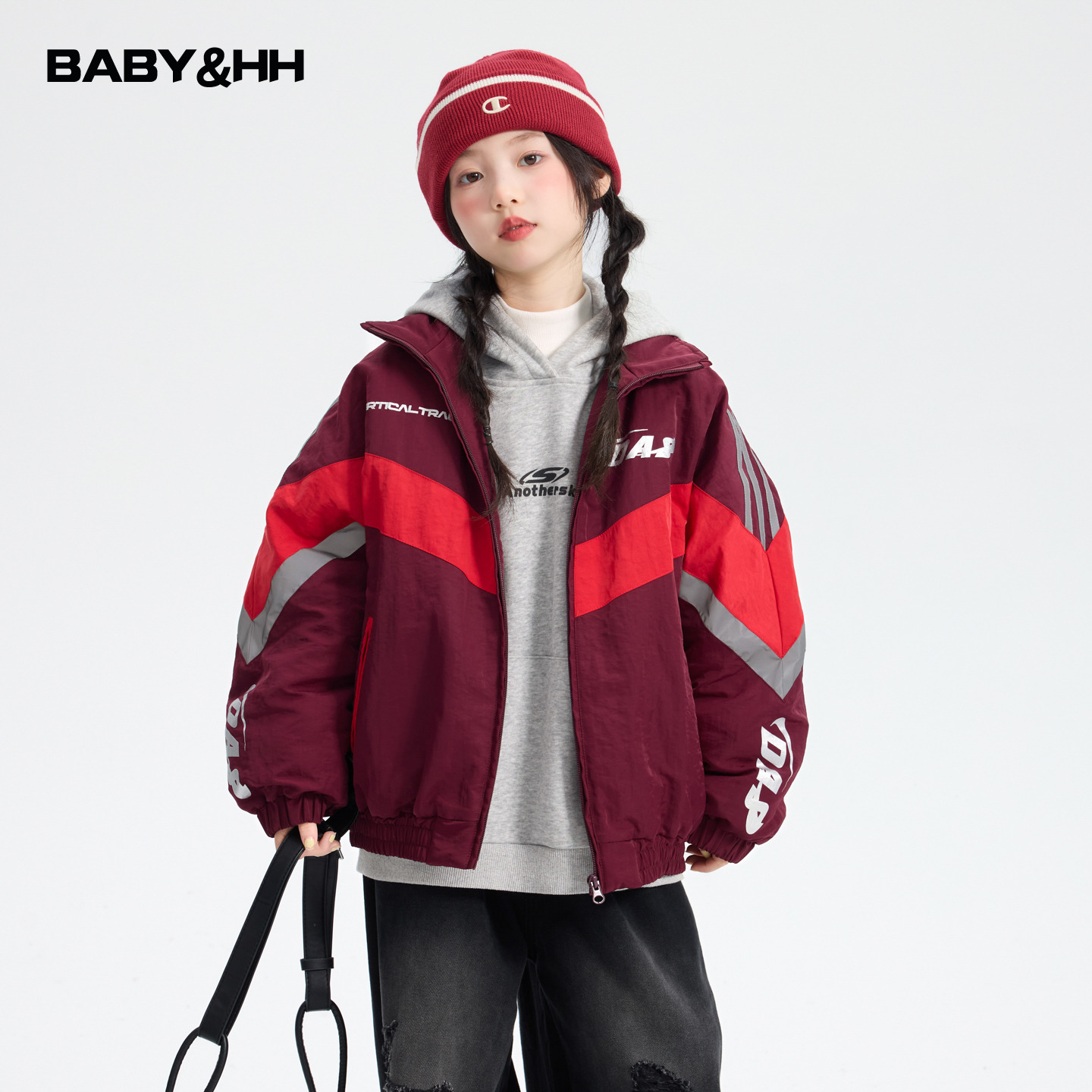 女童冬装机车风防水红色运动反光棉服2025新款儿童加厚夹棉外套潮