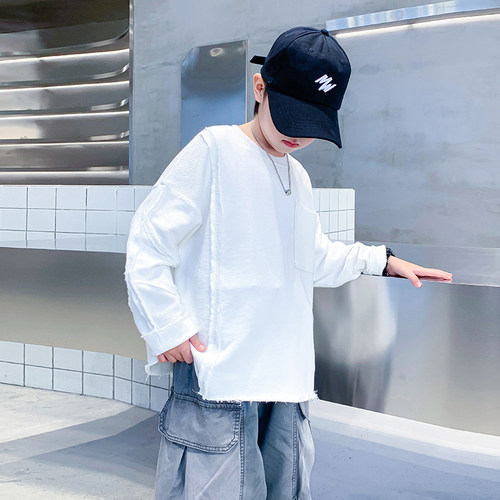 男童春秋长袖毛边设计打底白T恤