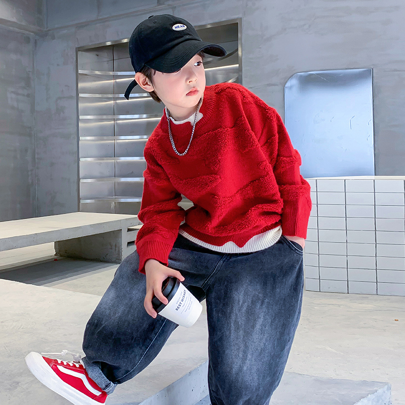 男童秋冬红色宽松加厚针织毛衣潮