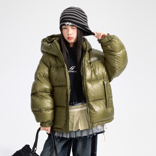 女大童冬季90白鸭绒连帽面包羽绒服2025新款儿童女孩短款极寒外套