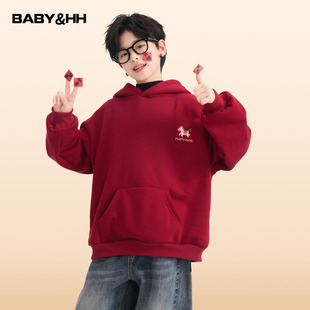 男童冬季本命年红色加绒连帽卫衣2026新款青少年儿童马年加厚上衣