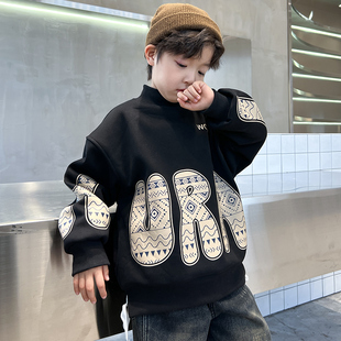 男大童秋冬黑色痞帅半高领加绒卫衣2025新款儿童冬季加厚打底上衣