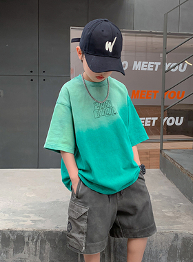 男童夏装绿色渐变半袖短袖T恤2025新款儿童装夏季痞帅纯棉上衣潮