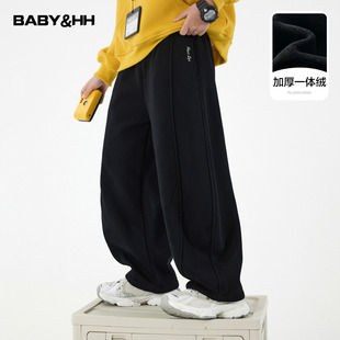 男大童冬季黑色加绒运动休闲卫裤2025新款青少年儿童加厚直筒裤子