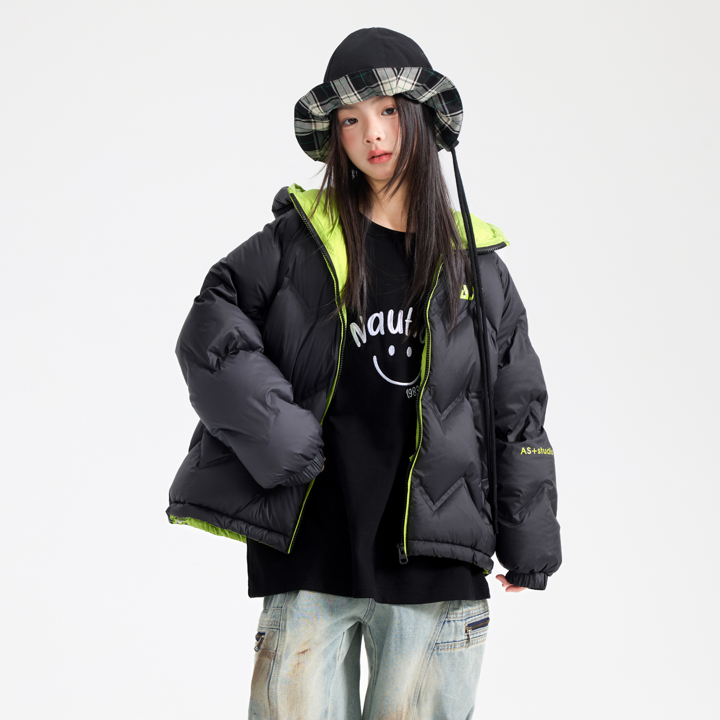 90安心绒时髦防水撞色连帽羽绒服