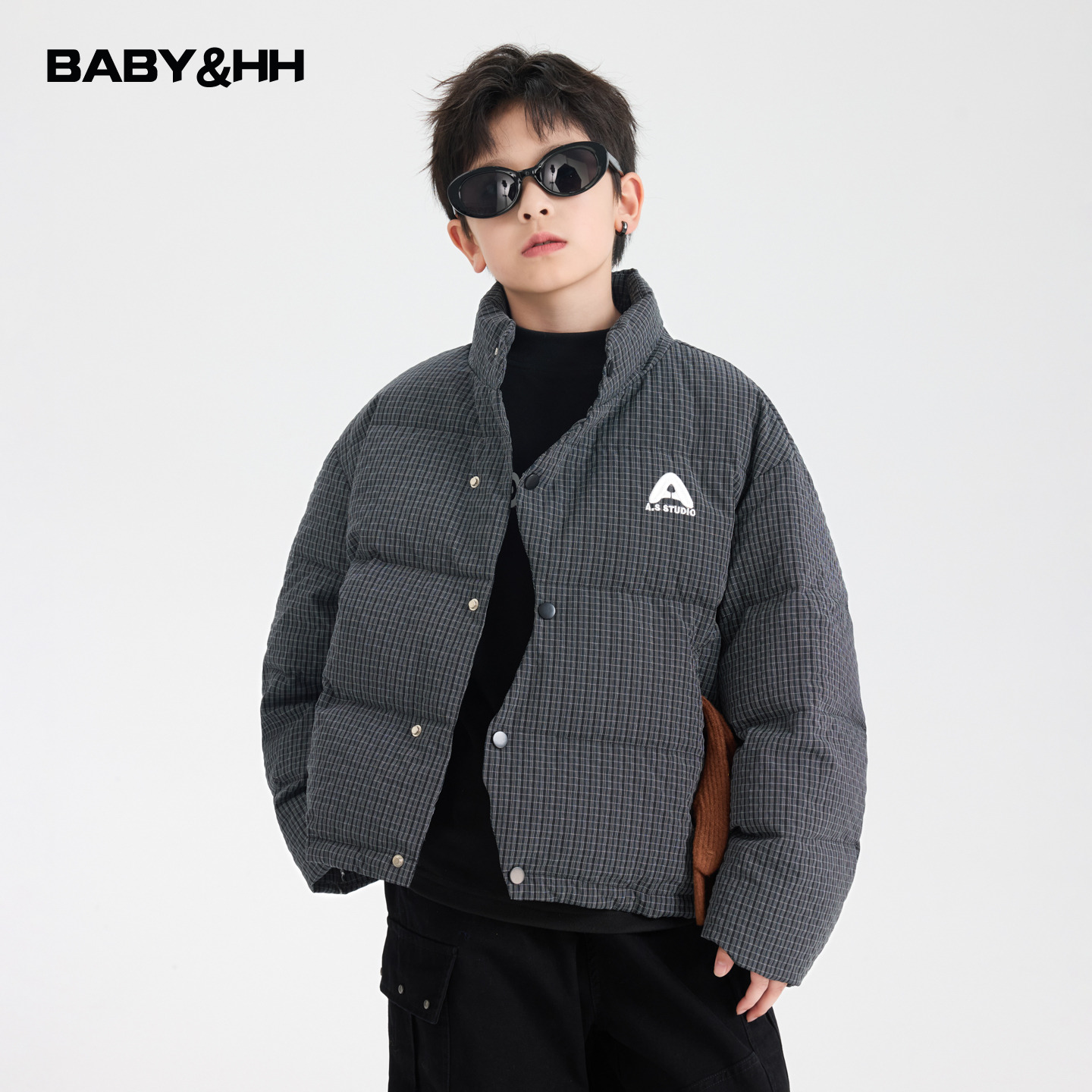 原创设计90白鸭绒格子立领羽绒服