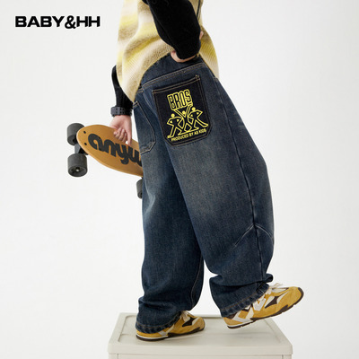 不易褪色加绒直筒阔腿工装牛仔裤