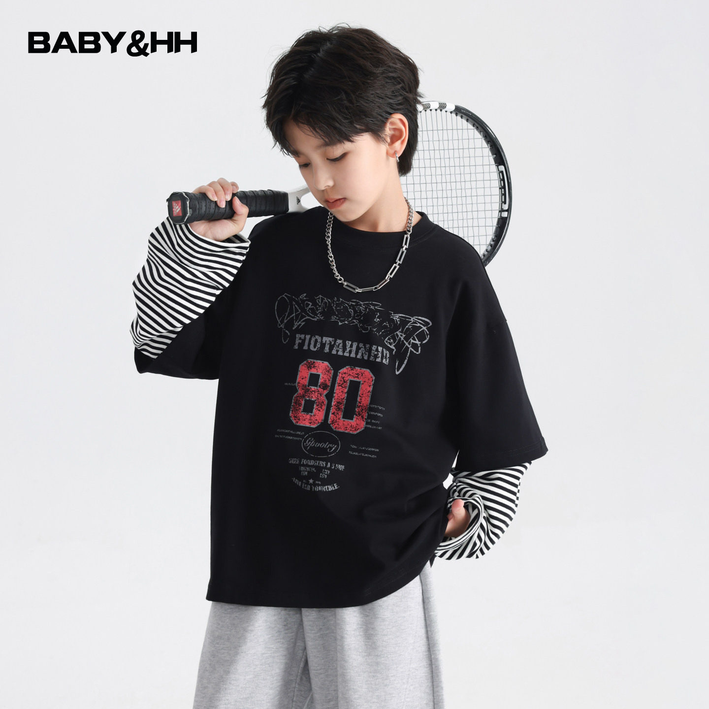 男童秋季假两件运动条纹长袖t恤2025新款青少年儿童春秋宽松上衣