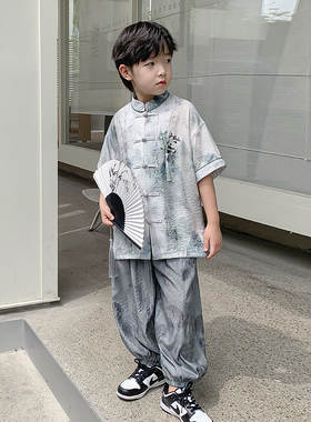 男童夏季汉服短袖套装2026新款儿童国风新中式古风高级演出服唐装