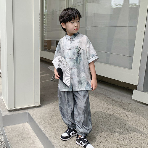 男童夏季国潮风唐装汉服短袖套装