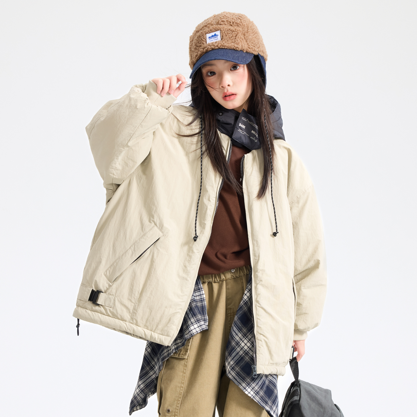 韩范撞色时髦连帽防风运动棉服潮