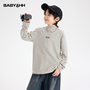 男童秋冬条纹半高领德绒打底衫2025新款儿童冬季保暖长袖内搭t恤